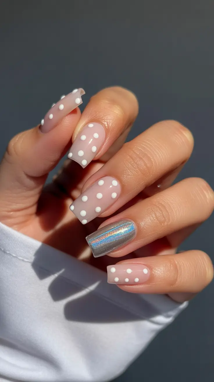 Simple winter nails 2025-2026 holographic polka dots