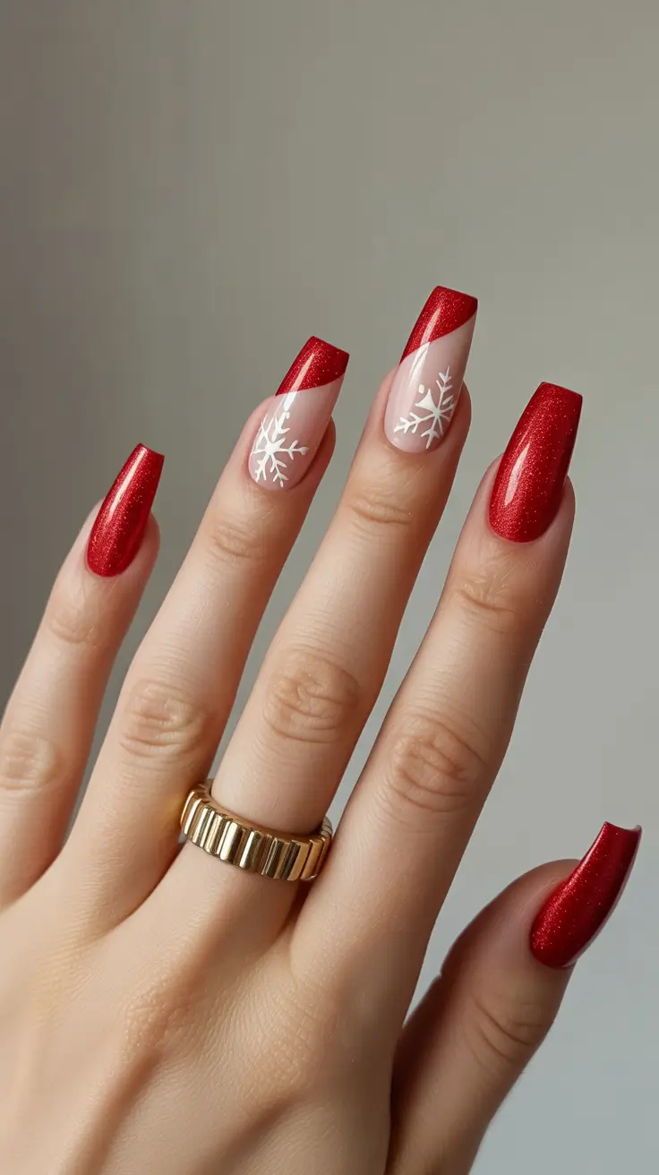 Simple winter nails 2025-2026 red sparkle snowflake