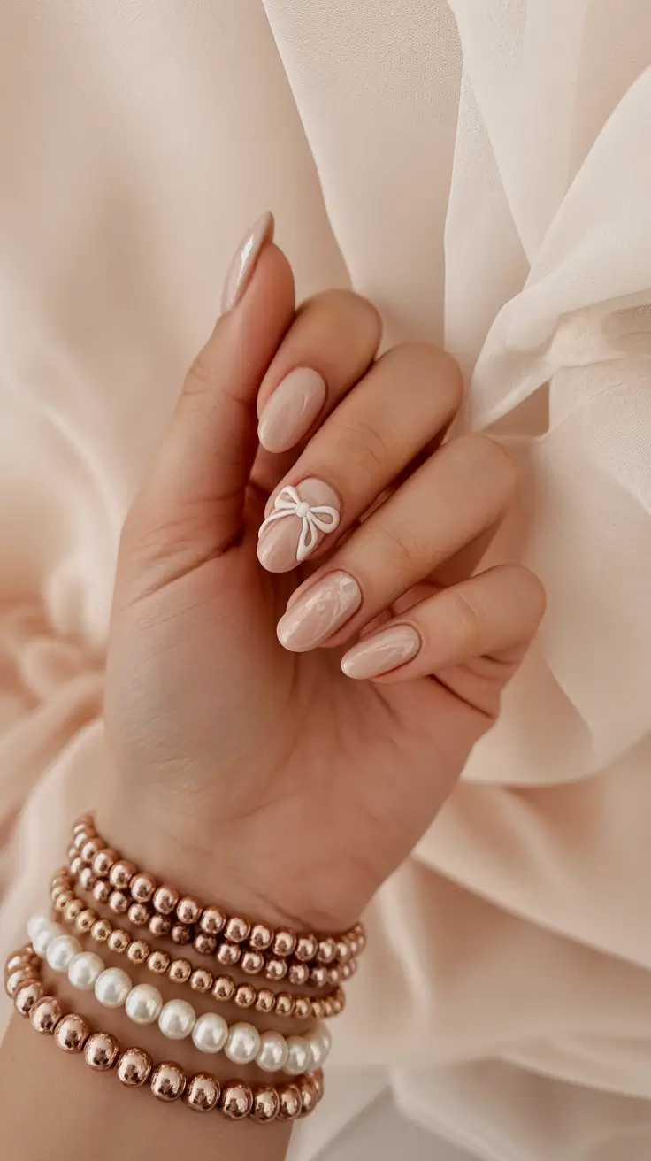 Simple winter nails 2025-2026 nude bow design