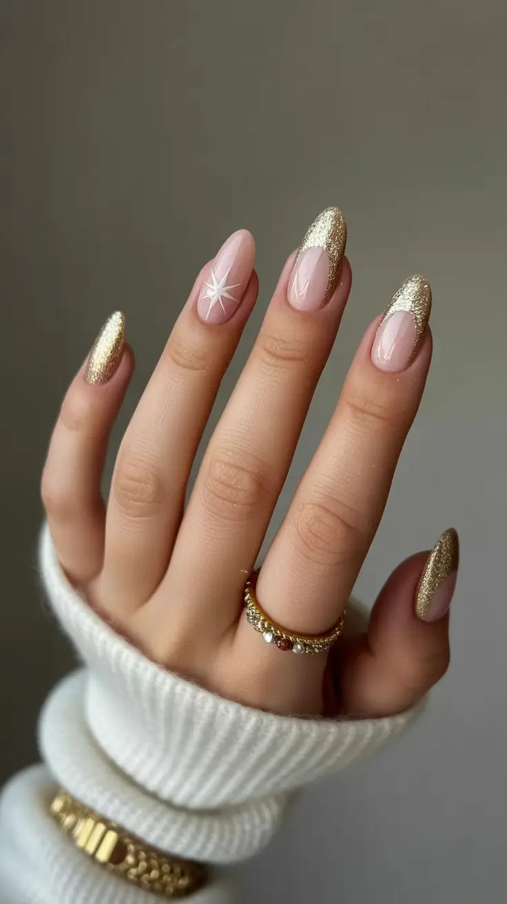 Simple winter nails 2025-2026 gold french star
