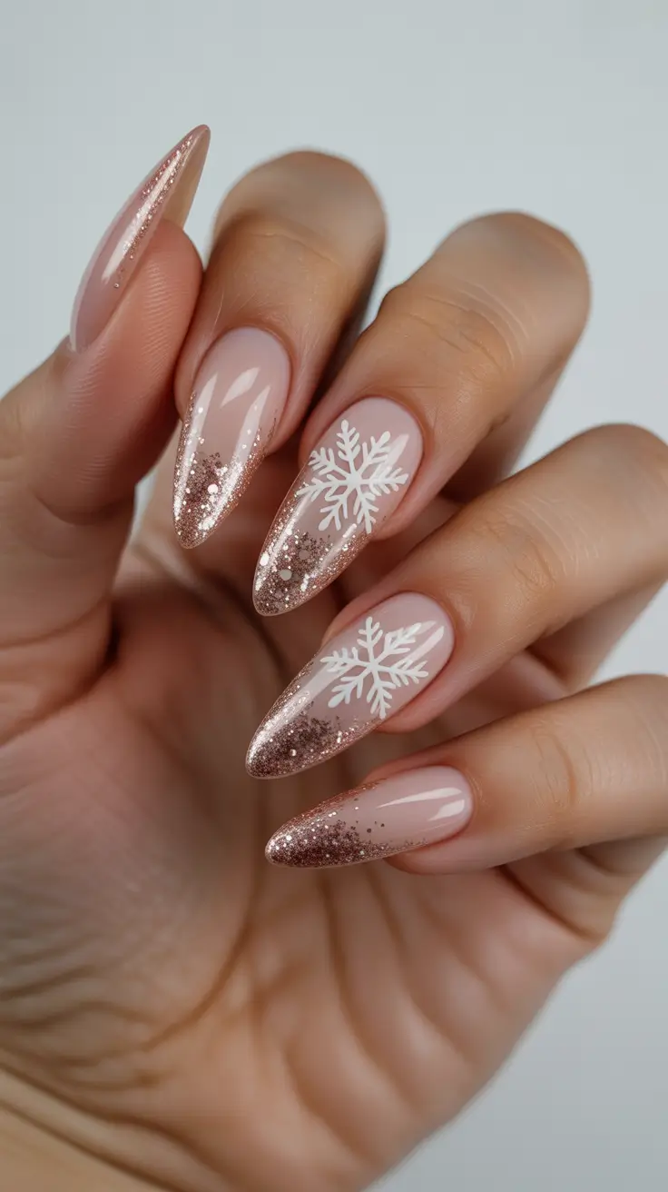Simple winter nails 2025-2026 rose gold snowflake
