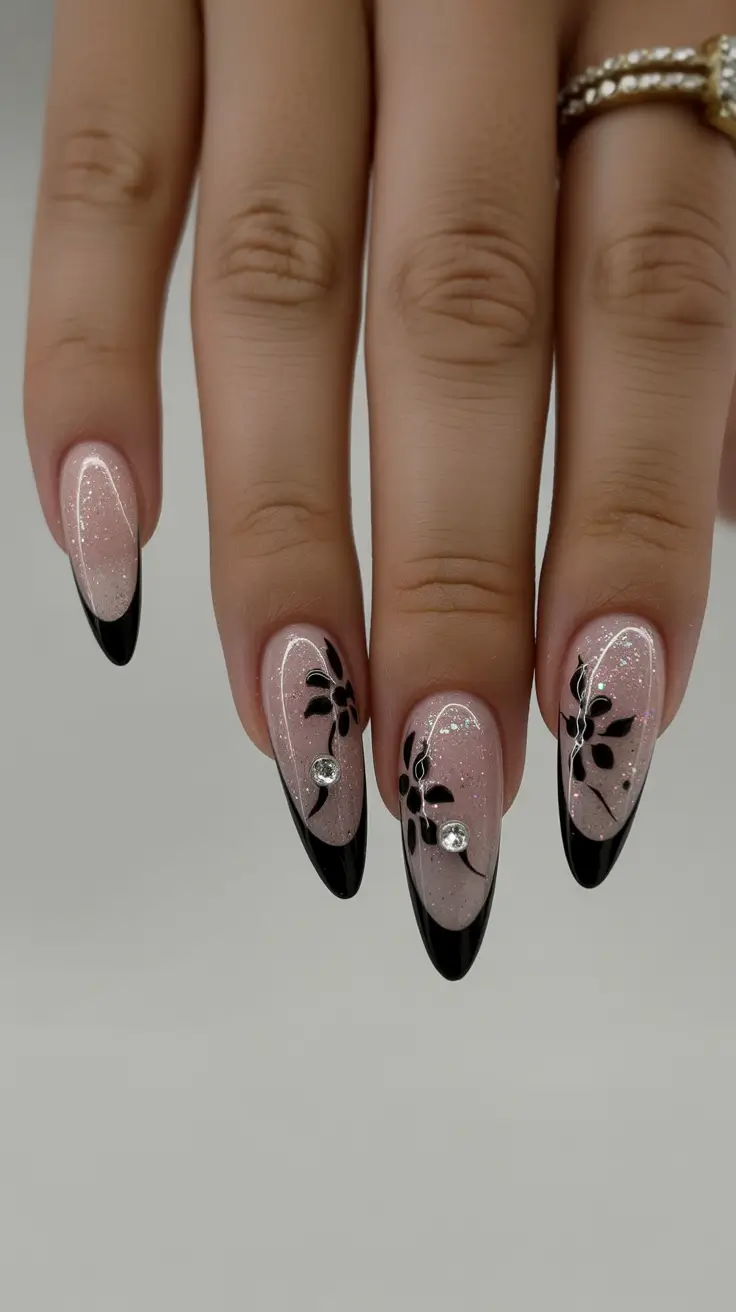Simple winter nails 2025-2026 black french crystal
