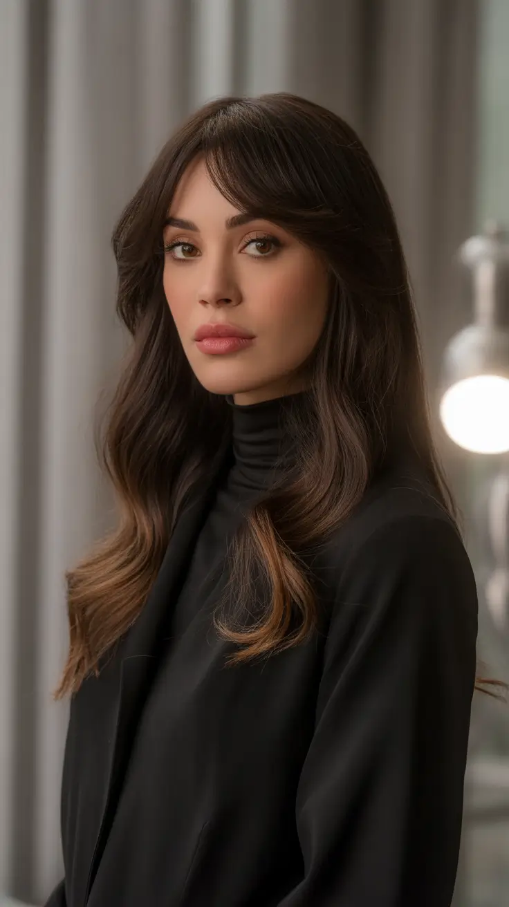 winter haircuts and colors 2025-2026 Mocha Brown with Curtain Bangs