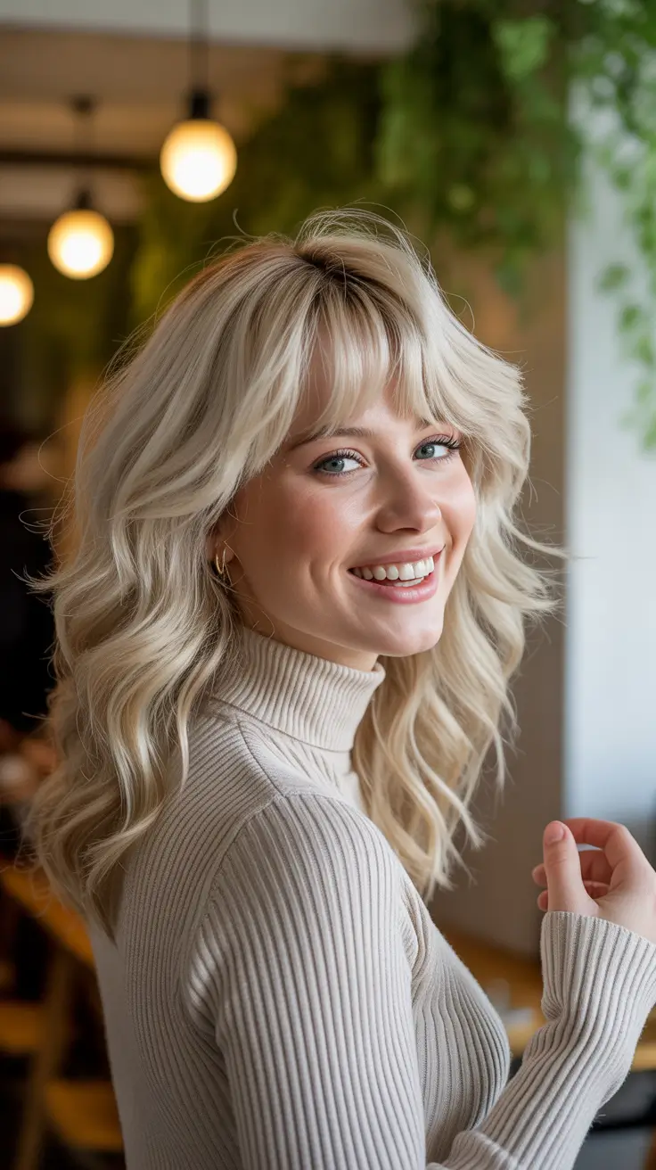 winter haircuts and colors 2025-2026 Frosted Platinum with Wispy Bangs