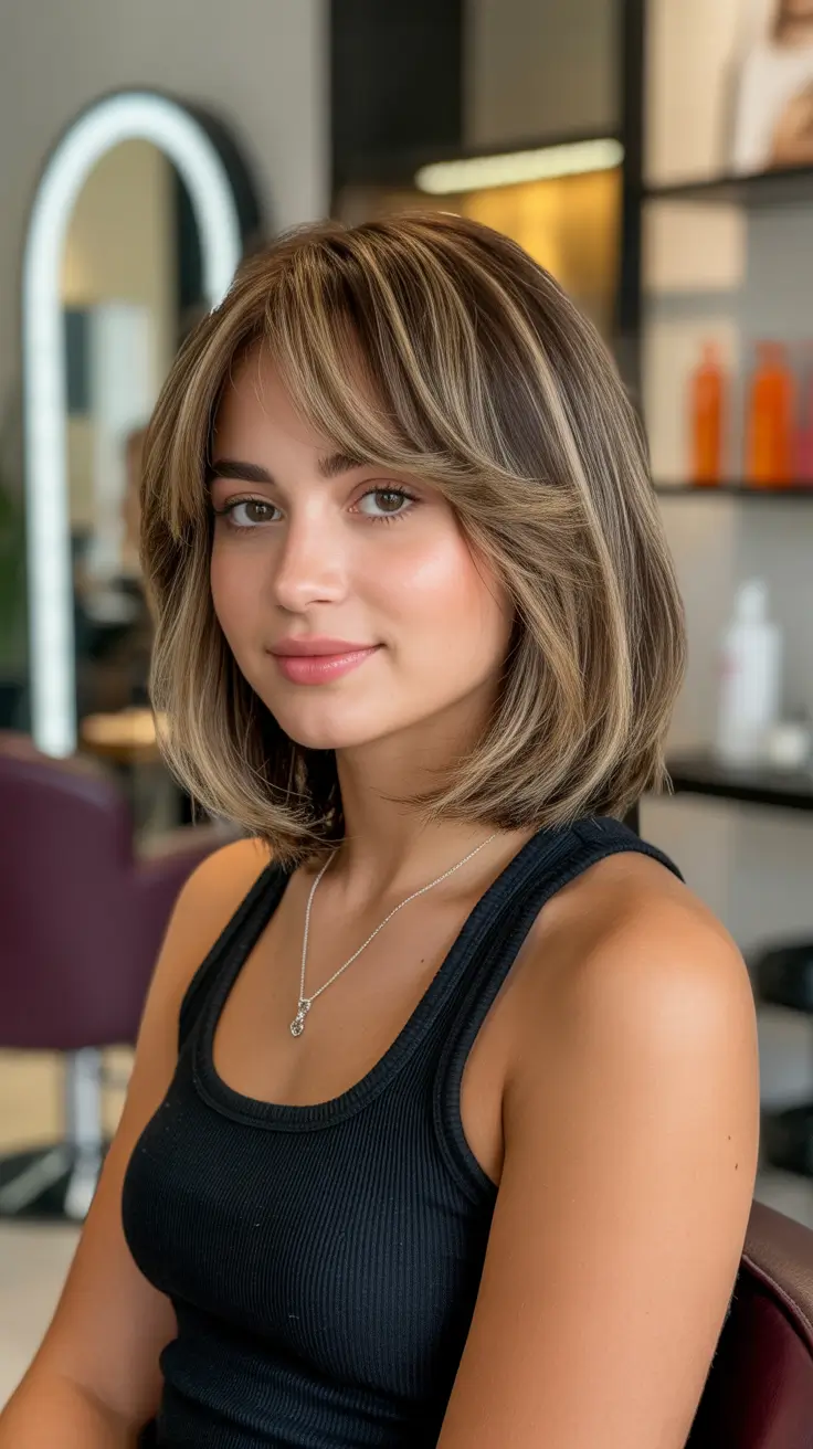 winter haircuts for round faces 2025-2026 Feathered Layers with Front Bangs