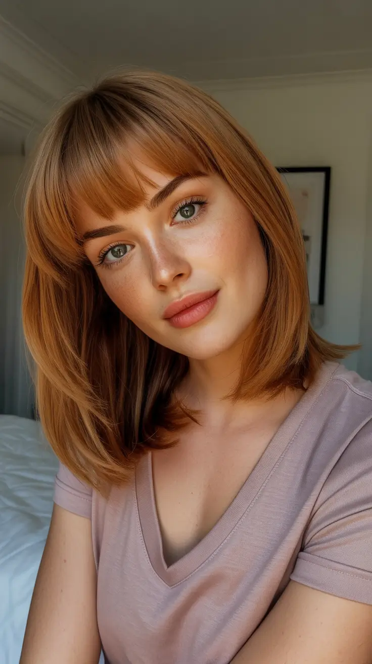 winter haircuts for round faces 2025-2026 Warm Honey Bob with Bangs