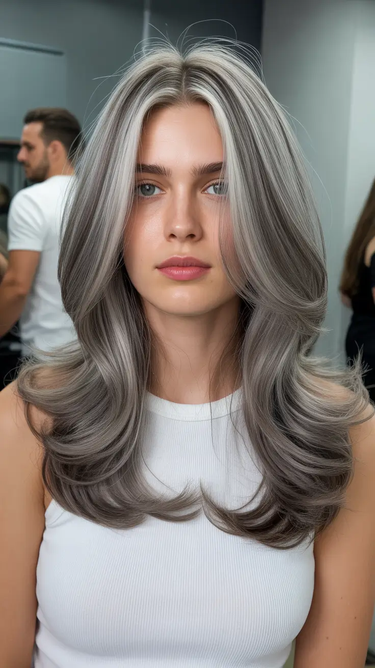 winter haircuts for round faces 2025-2026 Smoky Silver Layered Elegance