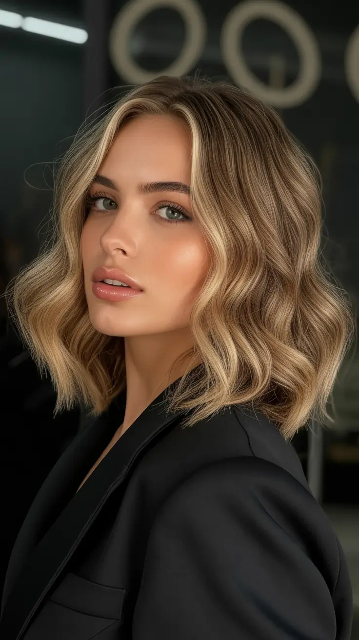 winter haircuts for round faces 2025-2026 Face-Framing Lob with Golden Highlights