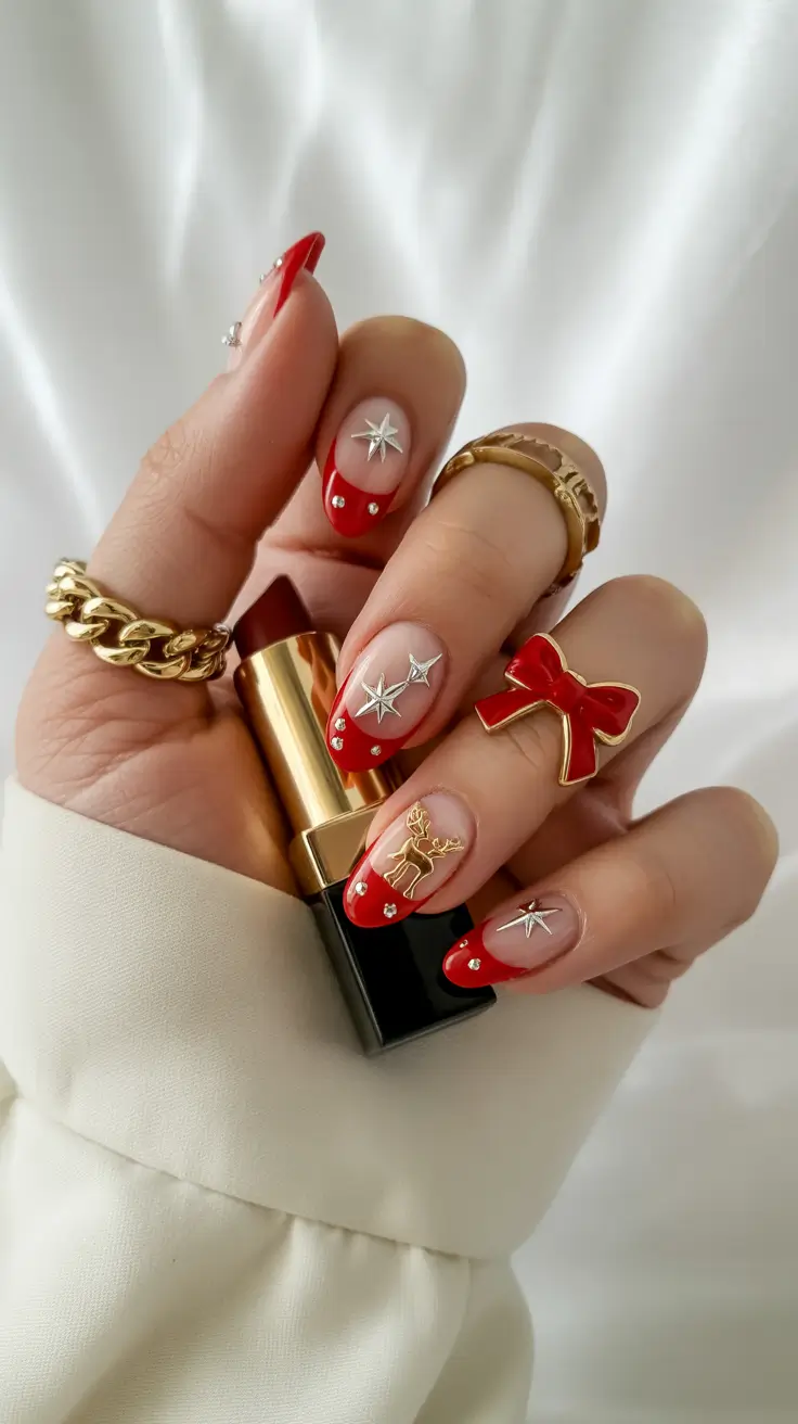 Winter 2025-2026 Short Gel Nails Red and Gold Christmas Design
