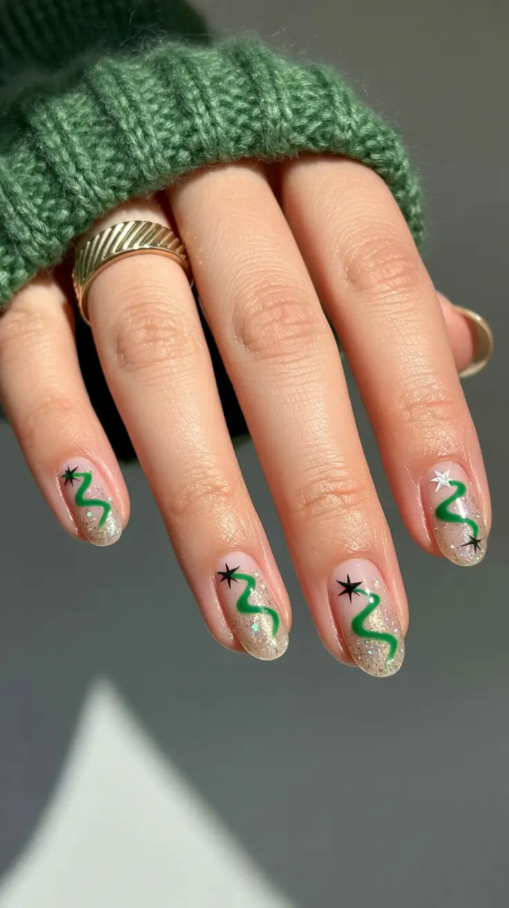 Winter Green and Starry Night Short Gel Nails