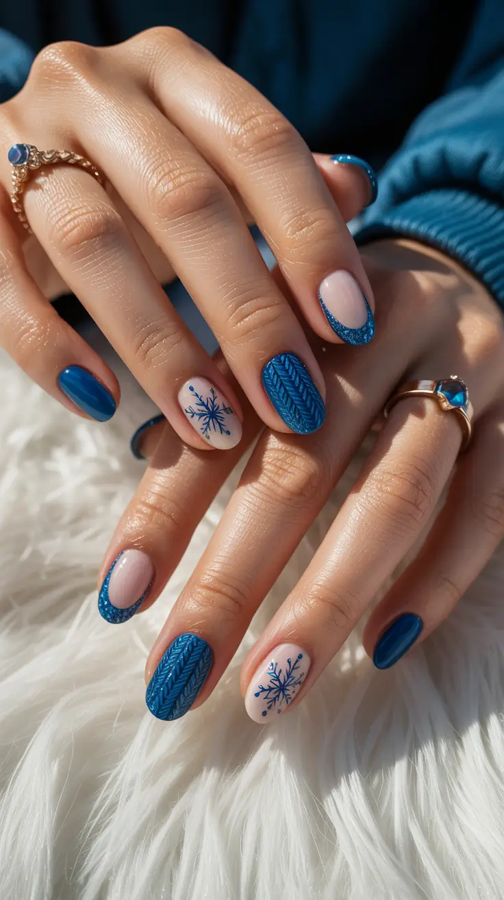 Snowy Blue Knit Effect Short Gel Nails
