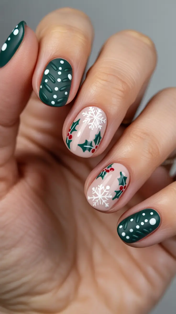 Winter Greenery and Snowflakes Short Gel Nails