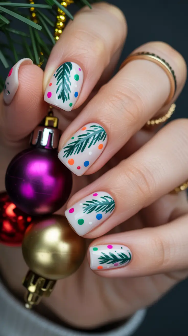 Festive Tree Ornaments Short Gel Nails