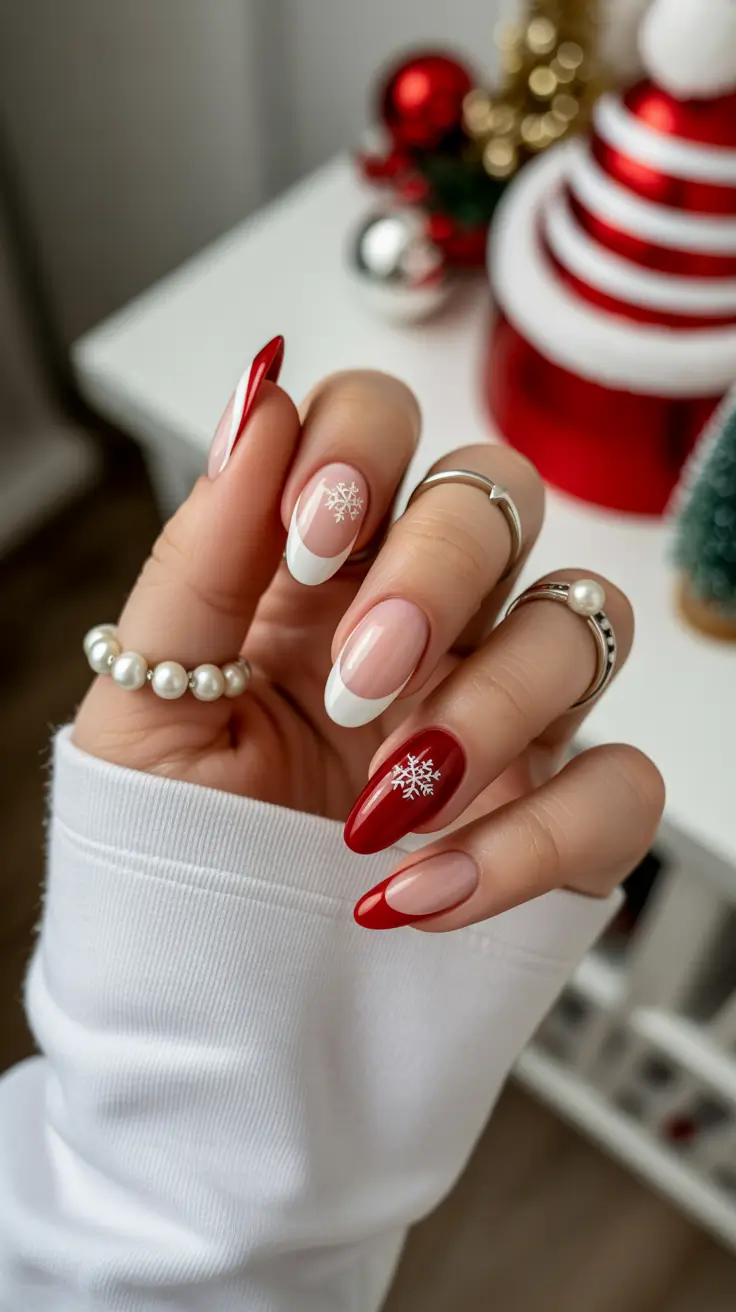 Winter 2025-2026 Short Gel Nails Christmas Red White Bows