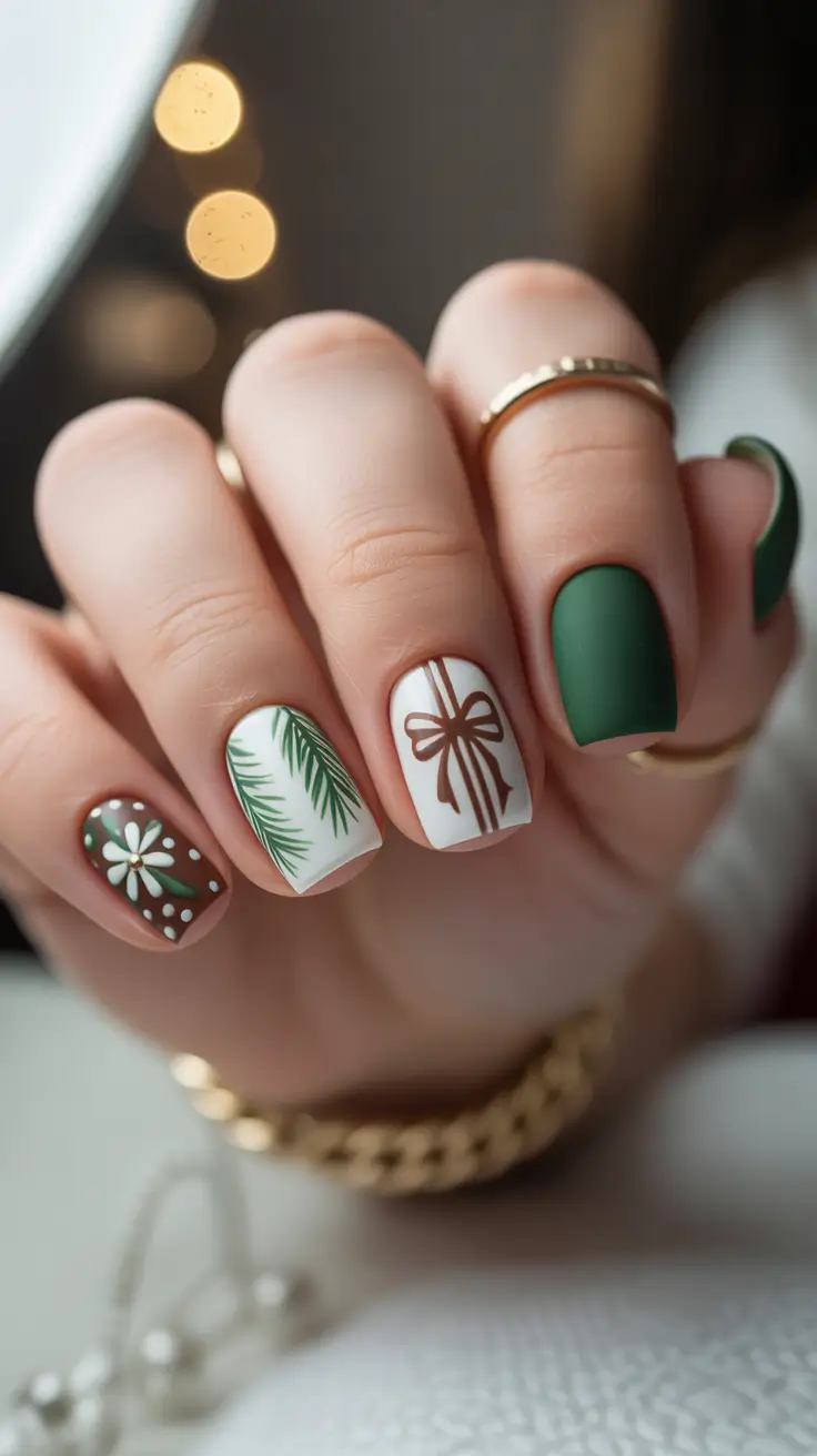 Winter 2025-2026 Short Gel Nails Green and Brown Christmas Design