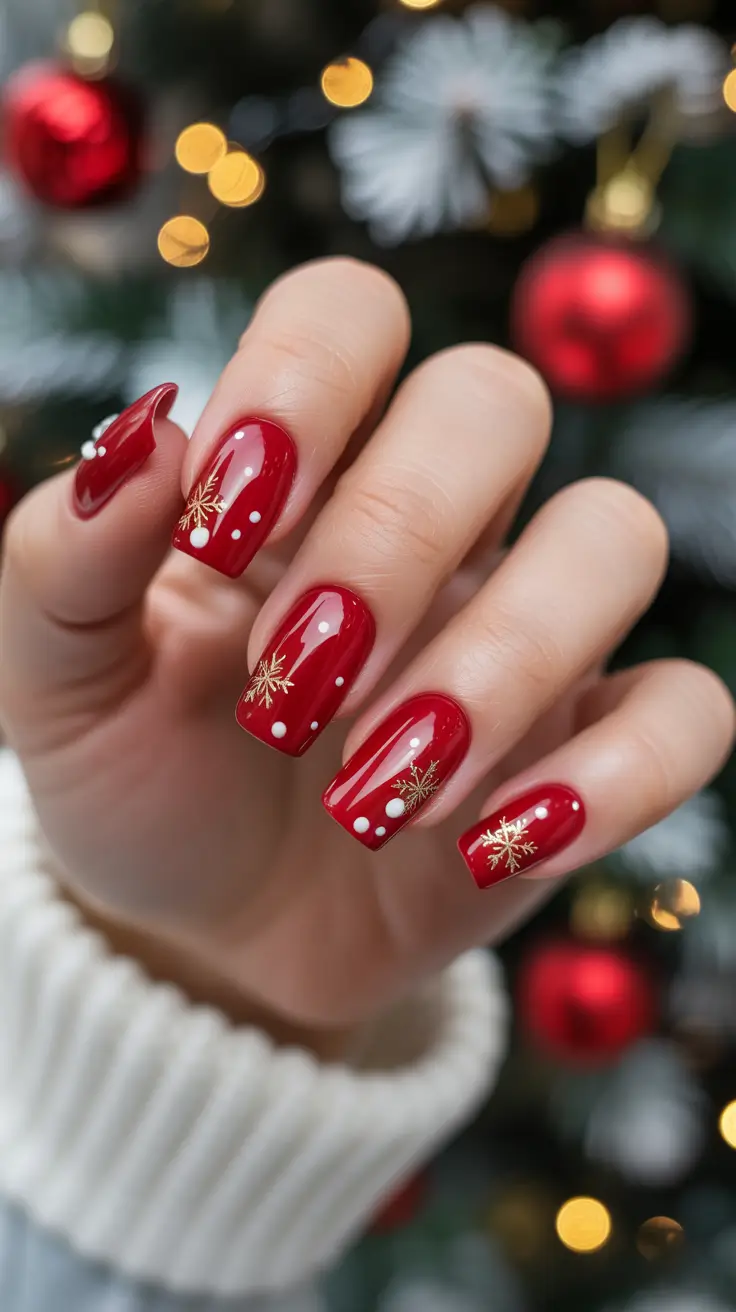 Winter 2025-2026 Short Gel Nails Red Snowflakes Design