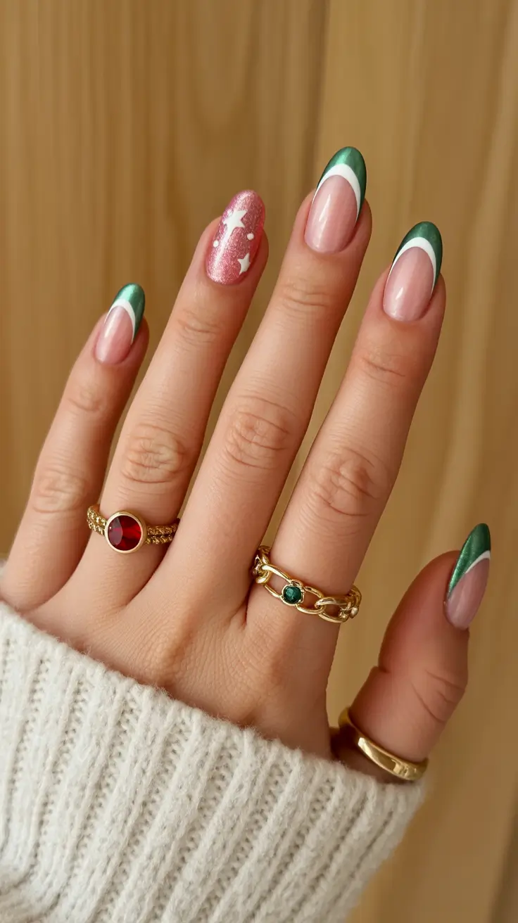 Winter 2025-2026 Short Gel Nails French Tips with Green and White Design