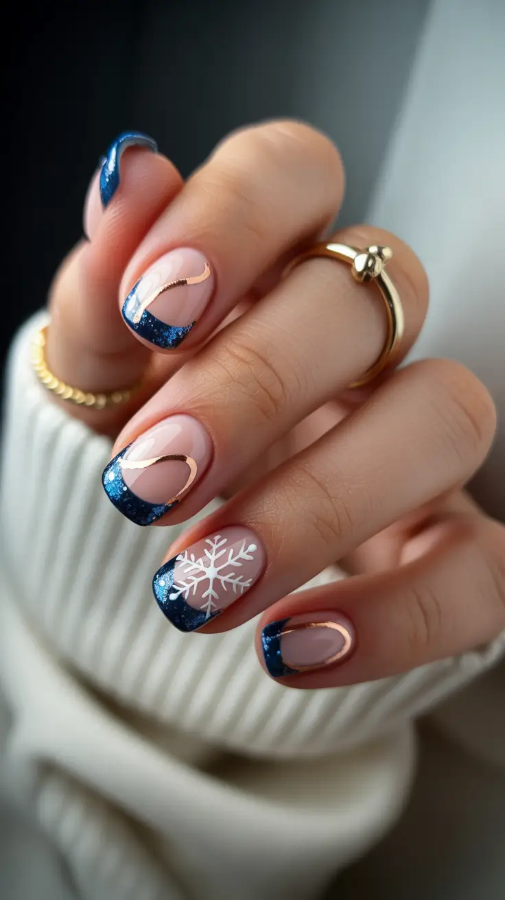 Winter 2025-2026 Short Gel Nails Midnight Blue Snowflake Design