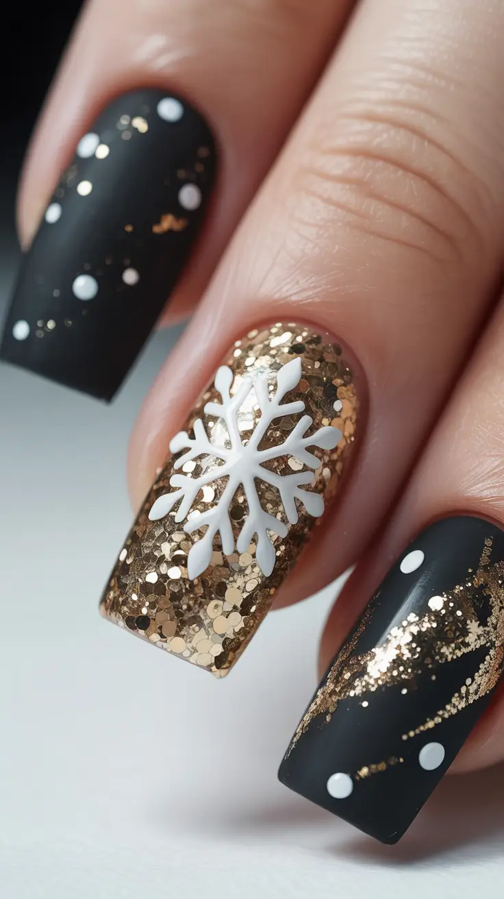 winter acrylic nails design and color ideas 2025-2026 Black Velvet Snow