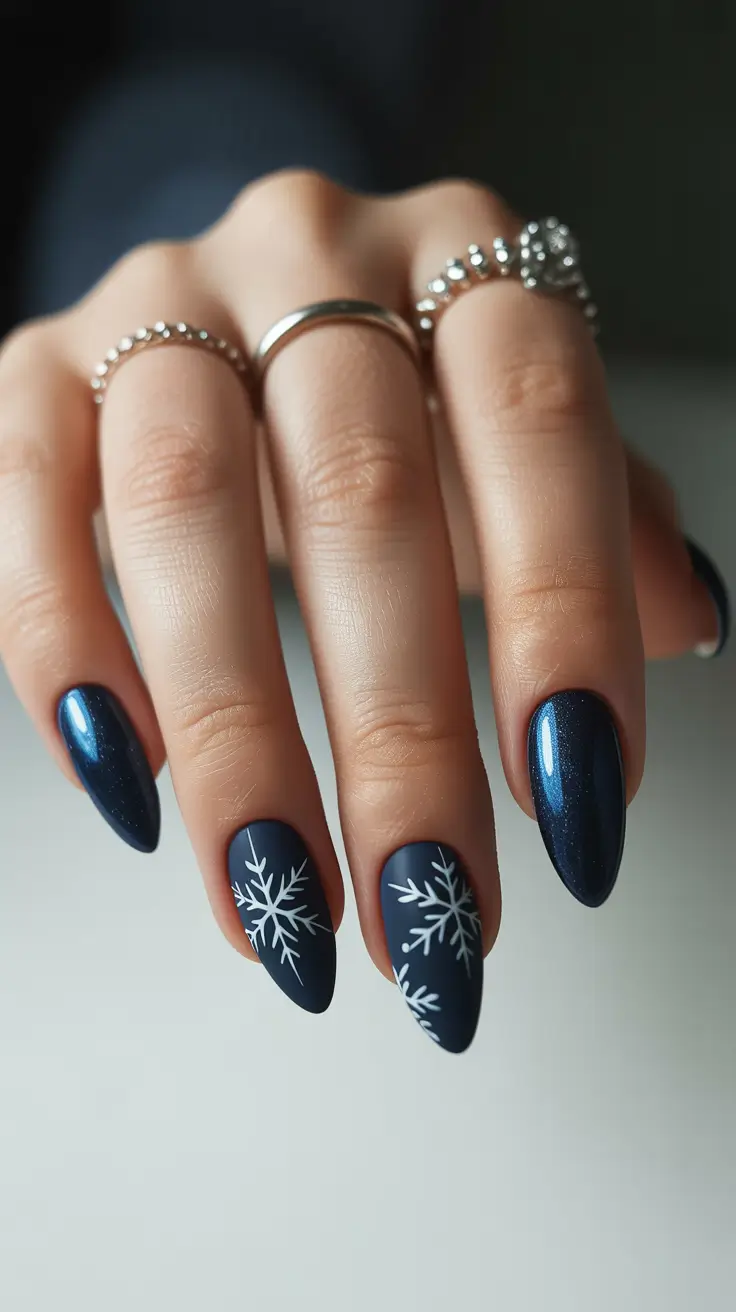 winter acrylic nails design and color ideas 2025-2026 Midnight Snowflakes