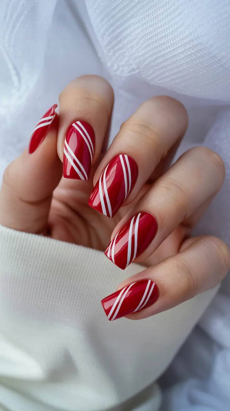 winter acrylic nails design and color ideas 2025-2026 Candy Ribbon Red