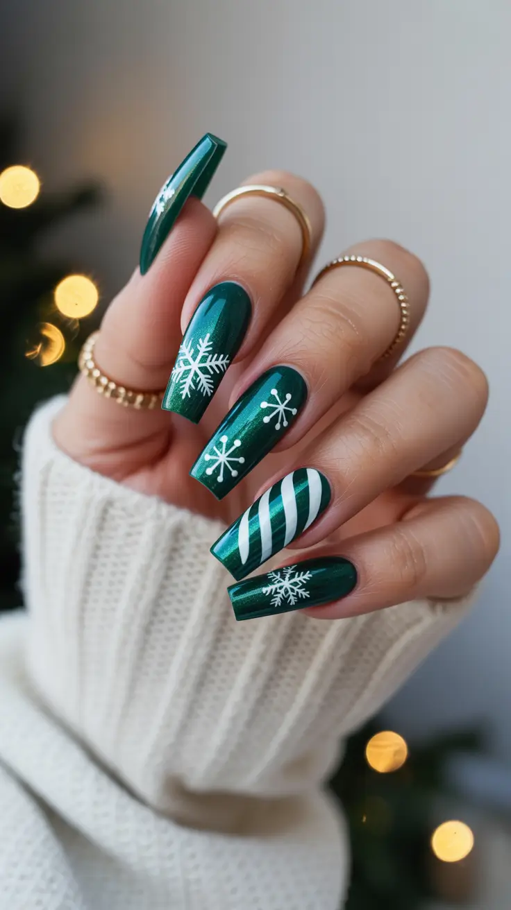 winter acrylic nails design and color ideas 2025-2026 Emerald Frost Glam