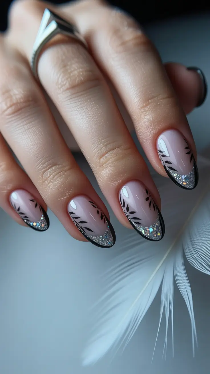 winter acrylic nails design and color ideas 2025-2026 Black Ice French