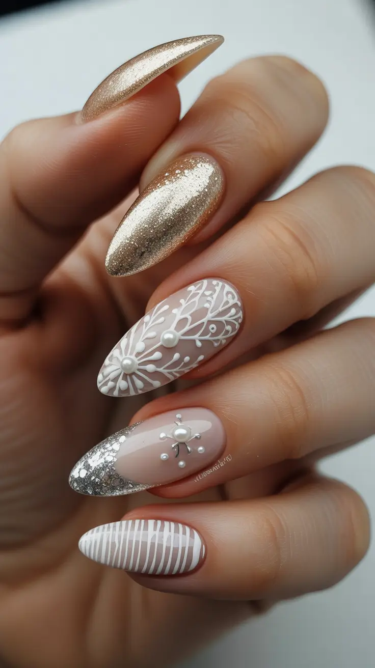 winter acrylic nails design and color ideas 2025-2026 Golden Frost Elegance
