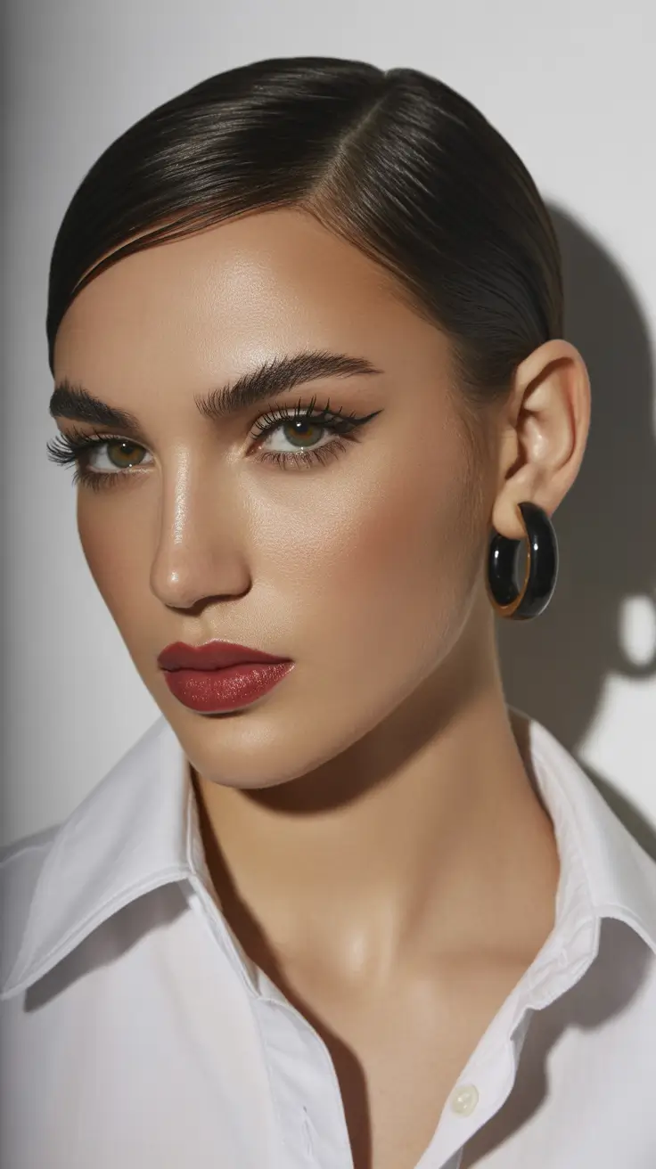 winter formal hairstyles 2025-2026 Glossy Deep Side Part Bun