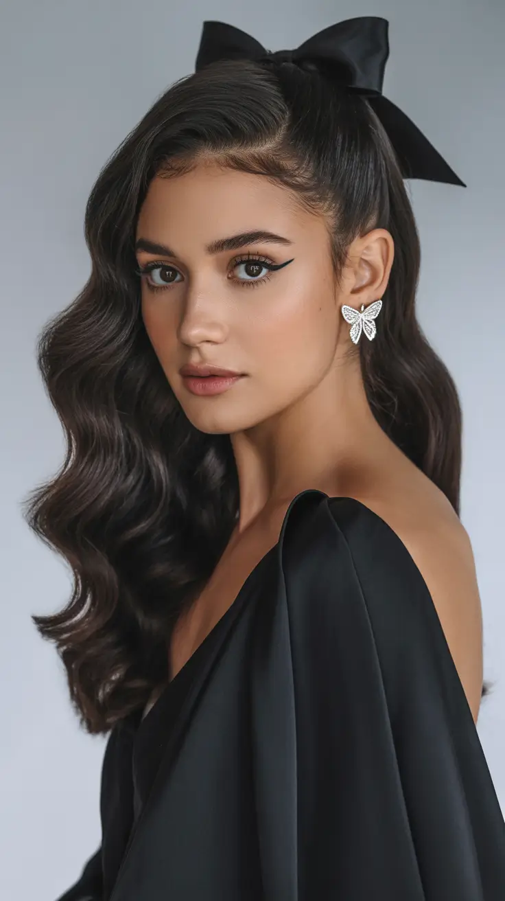 winter formal hairstyles 2025-2026 Romantic High Half-Up Waves