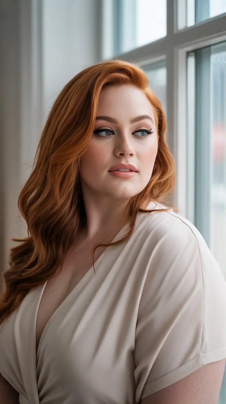 Winter Haircuts for Plus Size Women 2025-2026 Deep Red Side-Swept Waves