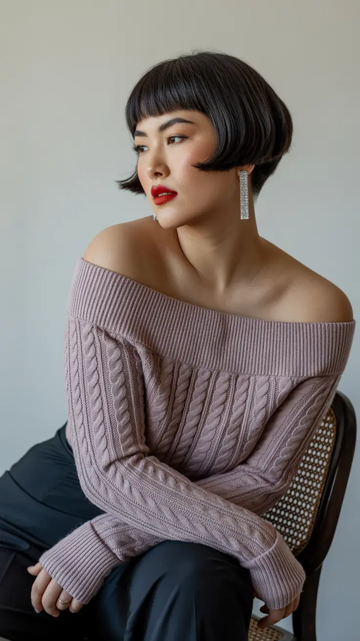 Winter Haircuts for Plus Size Women 2025-2026 Curved Bob with Retro Bangs