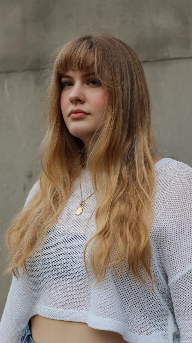 Winter Haircuts for Plus Size Women 2025-2026 Long Layers with Curtain Bangs