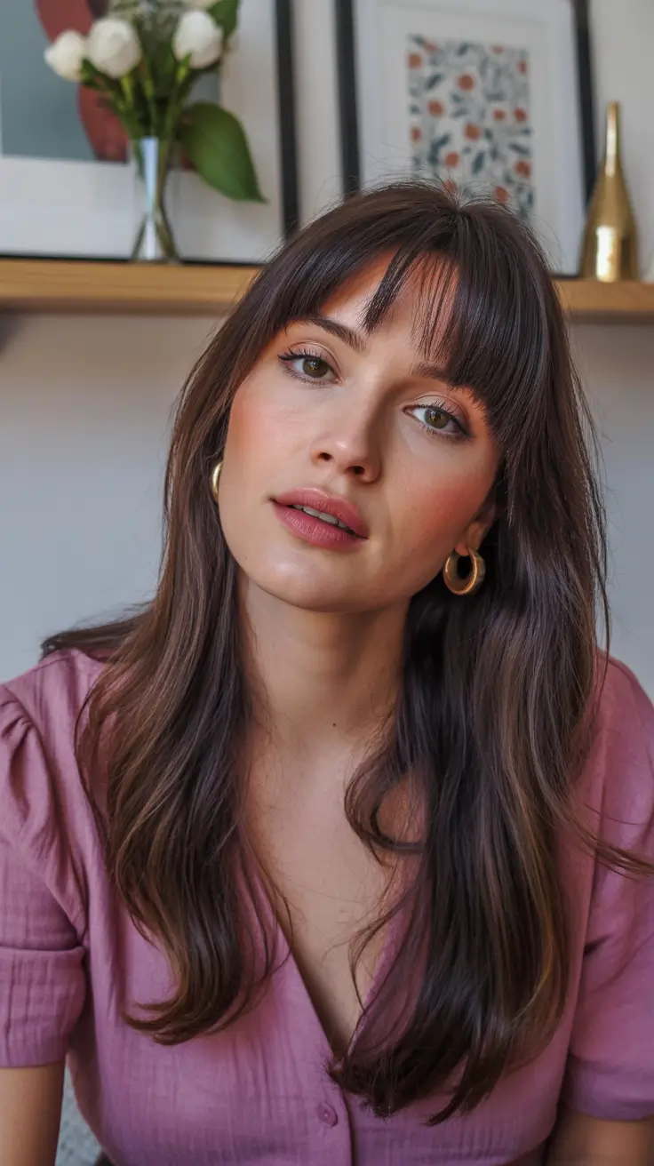 winter haircuts 2025-2026 Soft Fringe with Chocolate Shine