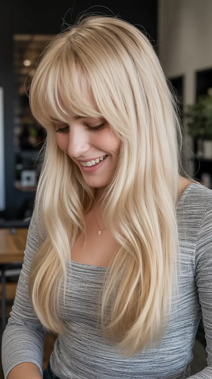 winter haircuts 2025-2026 Soft Blonde with Fringe