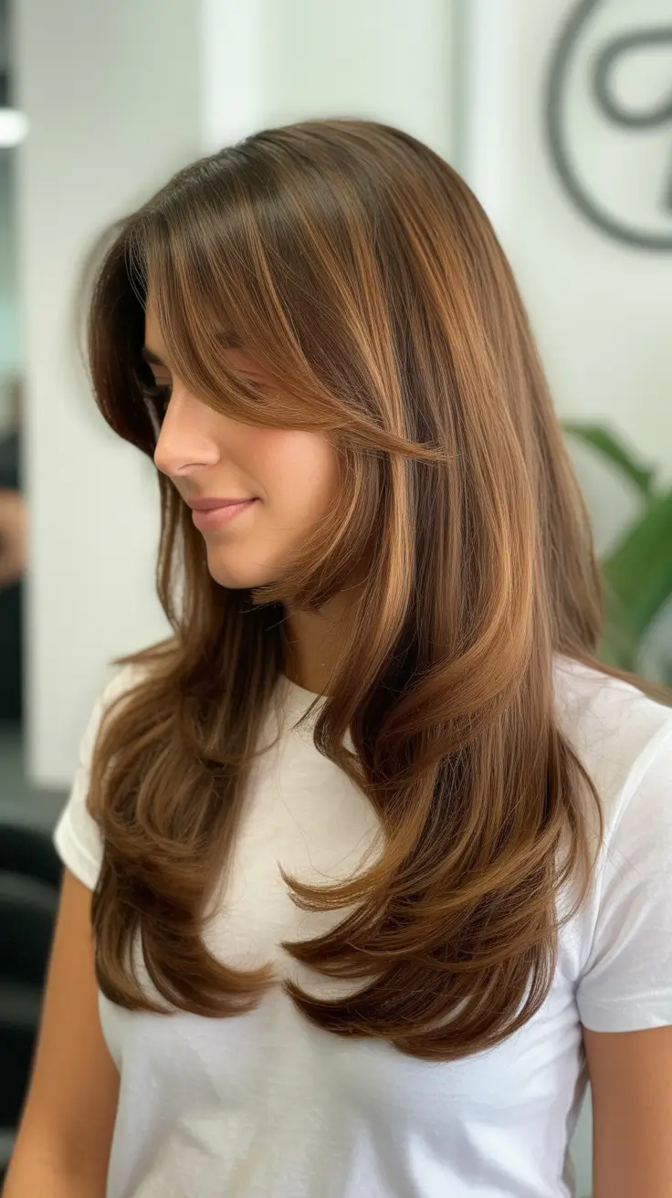winter haircuts 2025-2026 Warm Brunette with Soft Layers