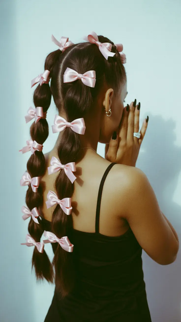 winter hairstyles for black women 2025-2026 Bubble Braids with Satin Bows