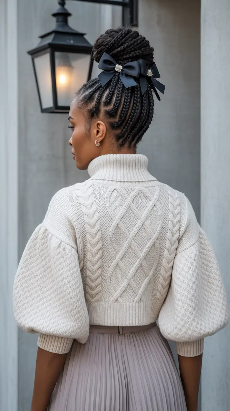 winter hairstyles for black women 2025-2026 Elegant Braided Bun with Statement Bow