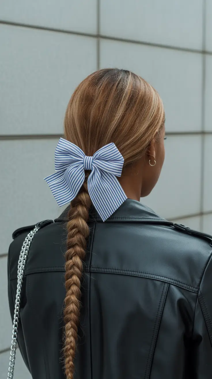 winter hairstyles for black women 2025-2026 Classic Braid with Striped Bow