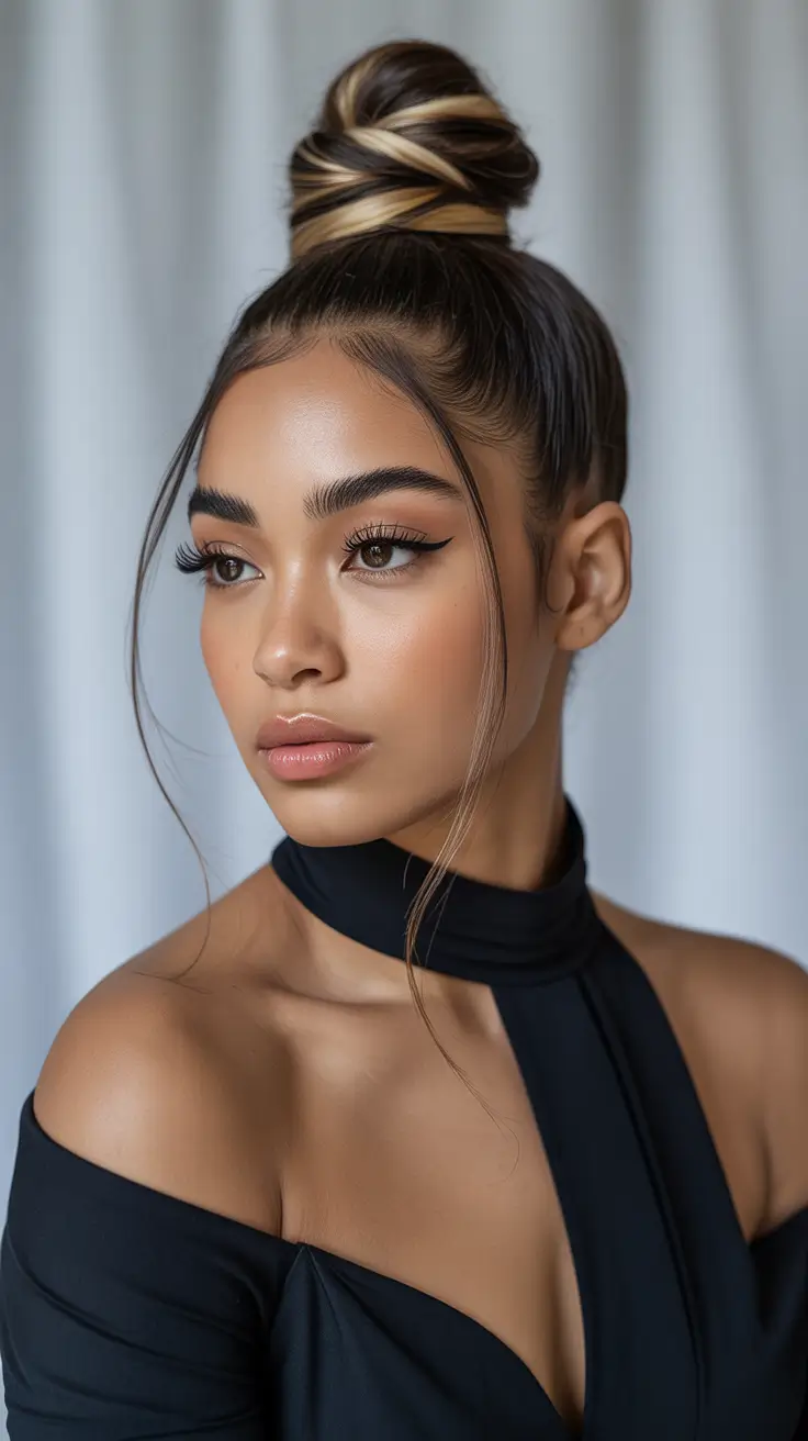 winter hairstyles for black women 2025-2026 Wrapped Top Bun with Highlights