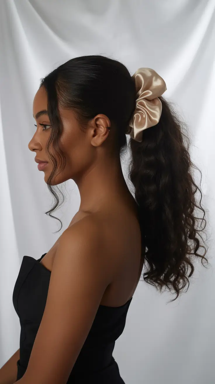 winter hairstyles for black women 2025-2026 Soft Curls with Satin Scrunchie