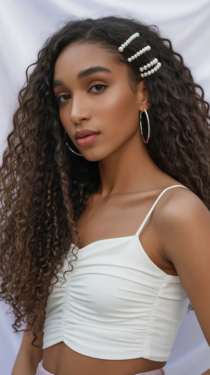 winter hairstyles for black women 2025-2026 Curly Glam with Pearl Accents