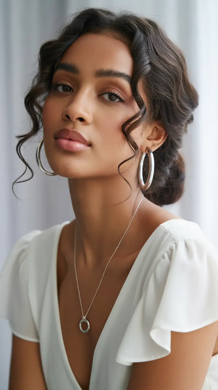 winter hairstyles for black women 2025-2026 Soft Romantic Bun with Face-Framing Waves