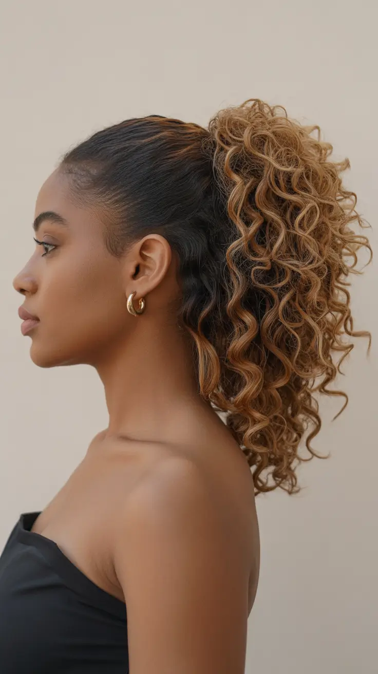 winter hairstyles for black women 2025-2026 High Curly Ponytail with Honey Highlights