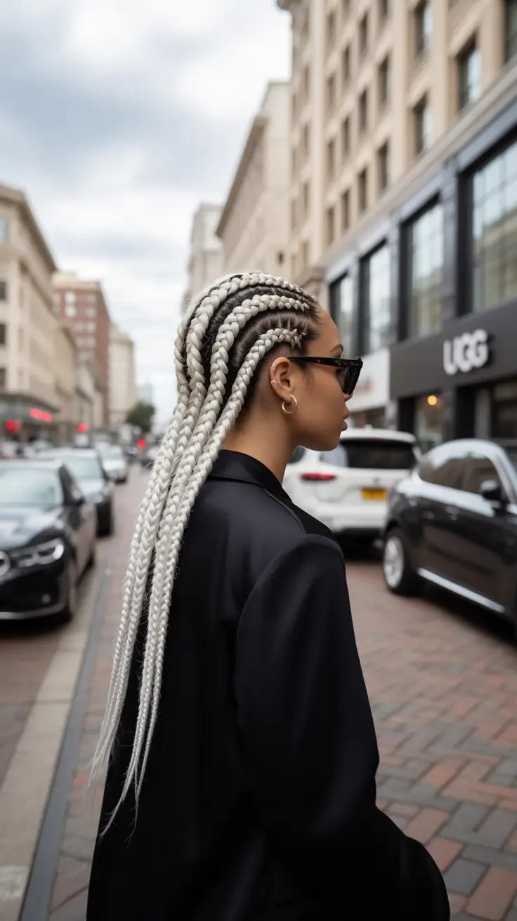 winter hairstyles for black women 2025-2026 Frosted Platinum Cornrows