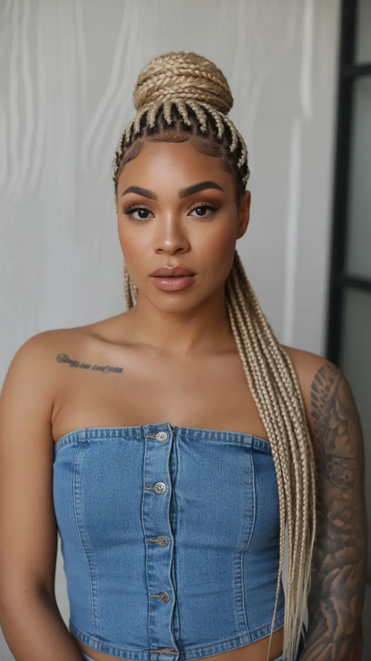winter hairstyles for black women 2025-2026 Golden Braided Top Knot