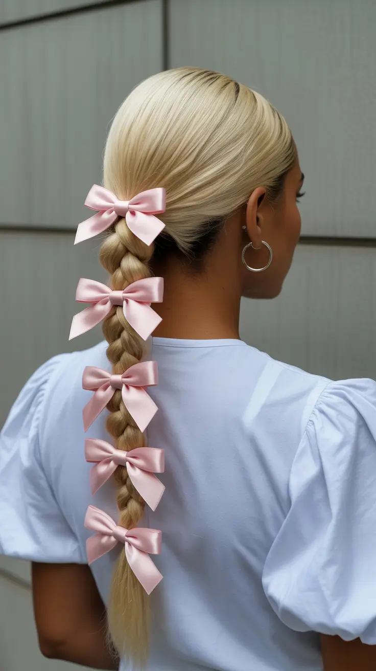 winter hairstyles for black women 2025-2026 Braided Ponytail with Bows