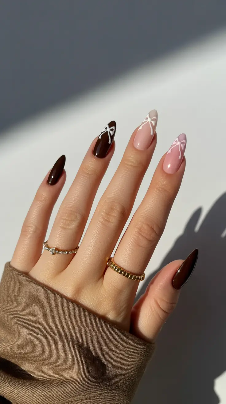 Winter Nail Colors and Designs Ideas 2025–2026 Chocolate Ribbon Chic
