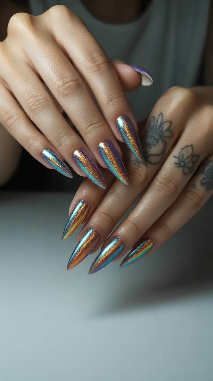 Winter nail designs 2025-2026 Holographic Winter Chrome