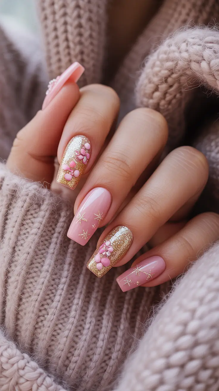 Winter nail designs 2025-2026 Pink-Gold Blossom Glam